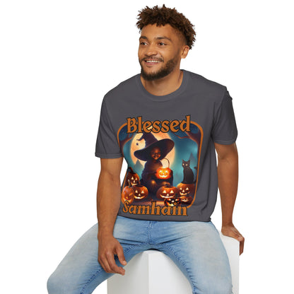 Blessed Samhain Cute Witch Orange font Dark colors Unisex T-Shirt by CreepyCrafts.boo