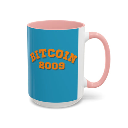 Bitcoin 2009 Turquoise Accent Mug by cypherpunkgear.com