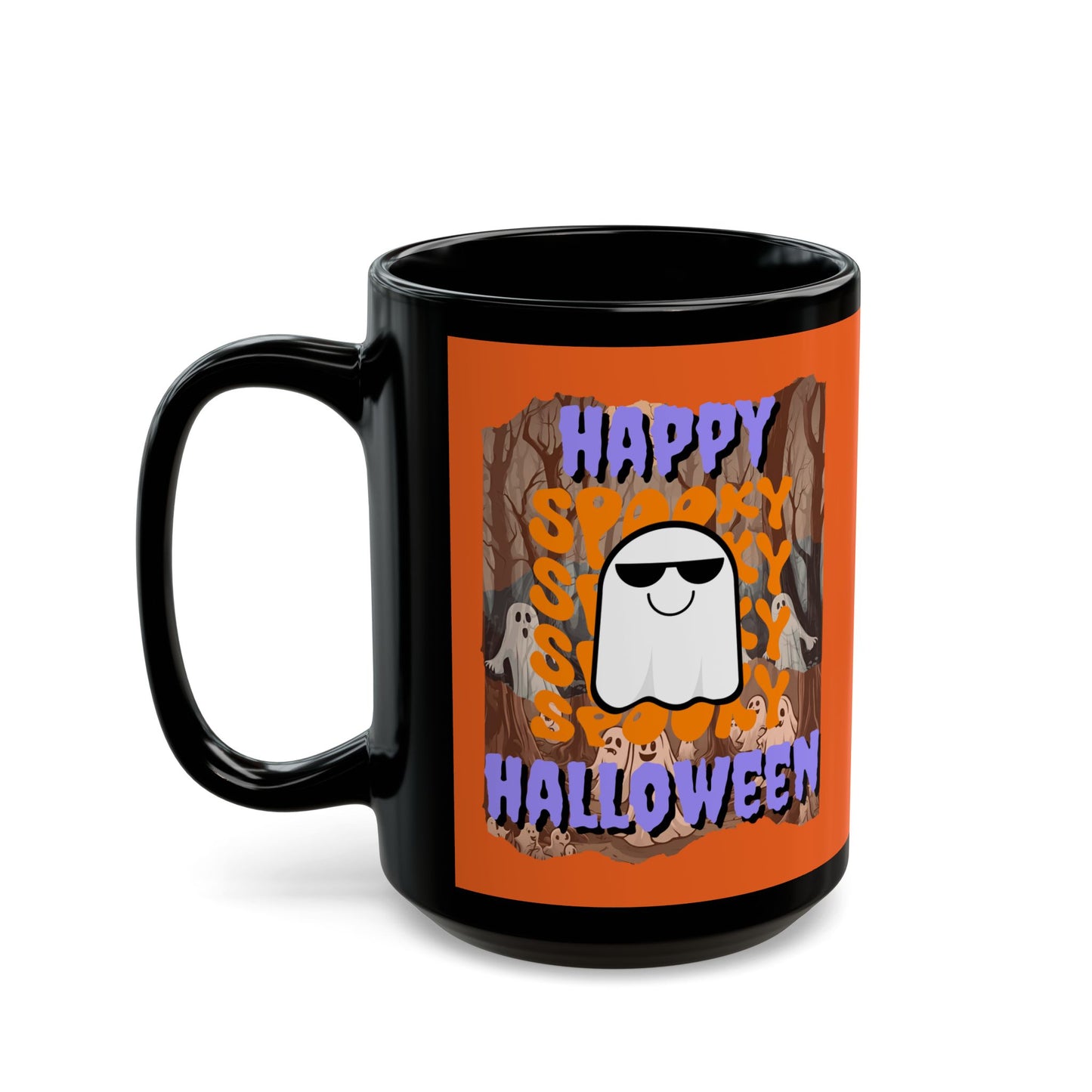 Spooky Happy Halloween Ghost Purple font Orange Mug by CreepyCrafts.boo