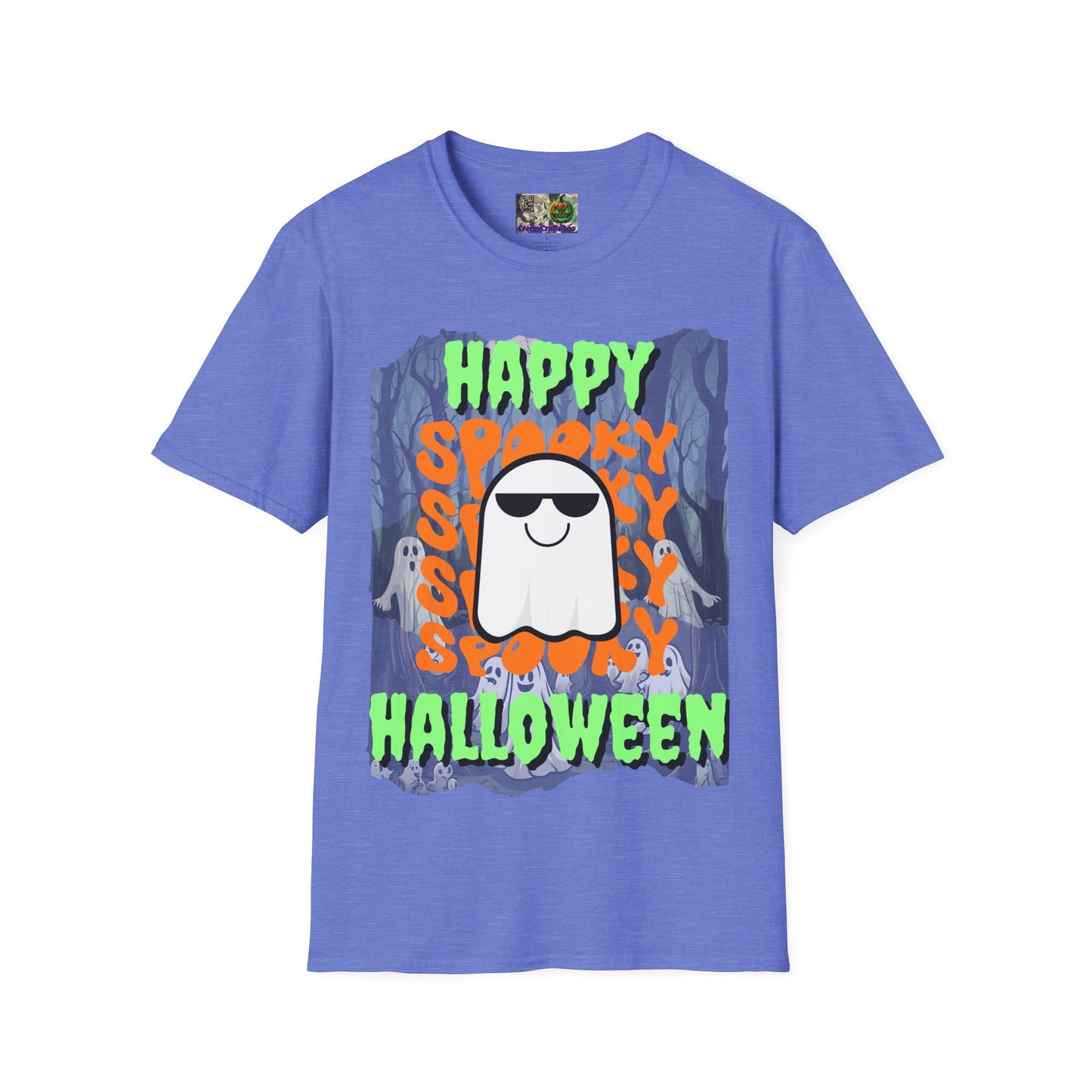 Spooky Happy Halloween Ghost Light colors Green font Unisex T-Shirt by CreepyCrafts.boo