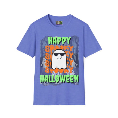 Spooky Happy Halloween Ghost Light colors Green font Unisex T-Shirt by CreepyCrafts.boo