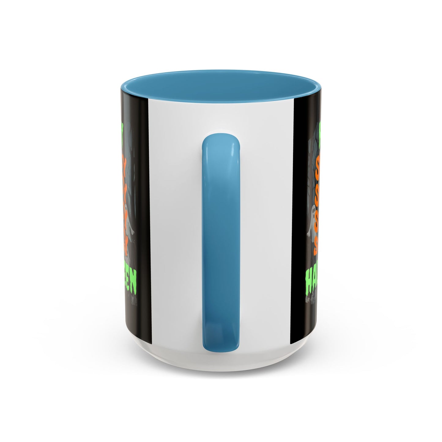 Spooky Happy Halloween Ghost Green font Black Accent Mug by CreepyCrafts.boo