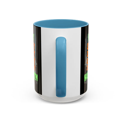 Spooky Happy Halloween Ghost Green font Black Accent Mug by CreepyCrafts.boo