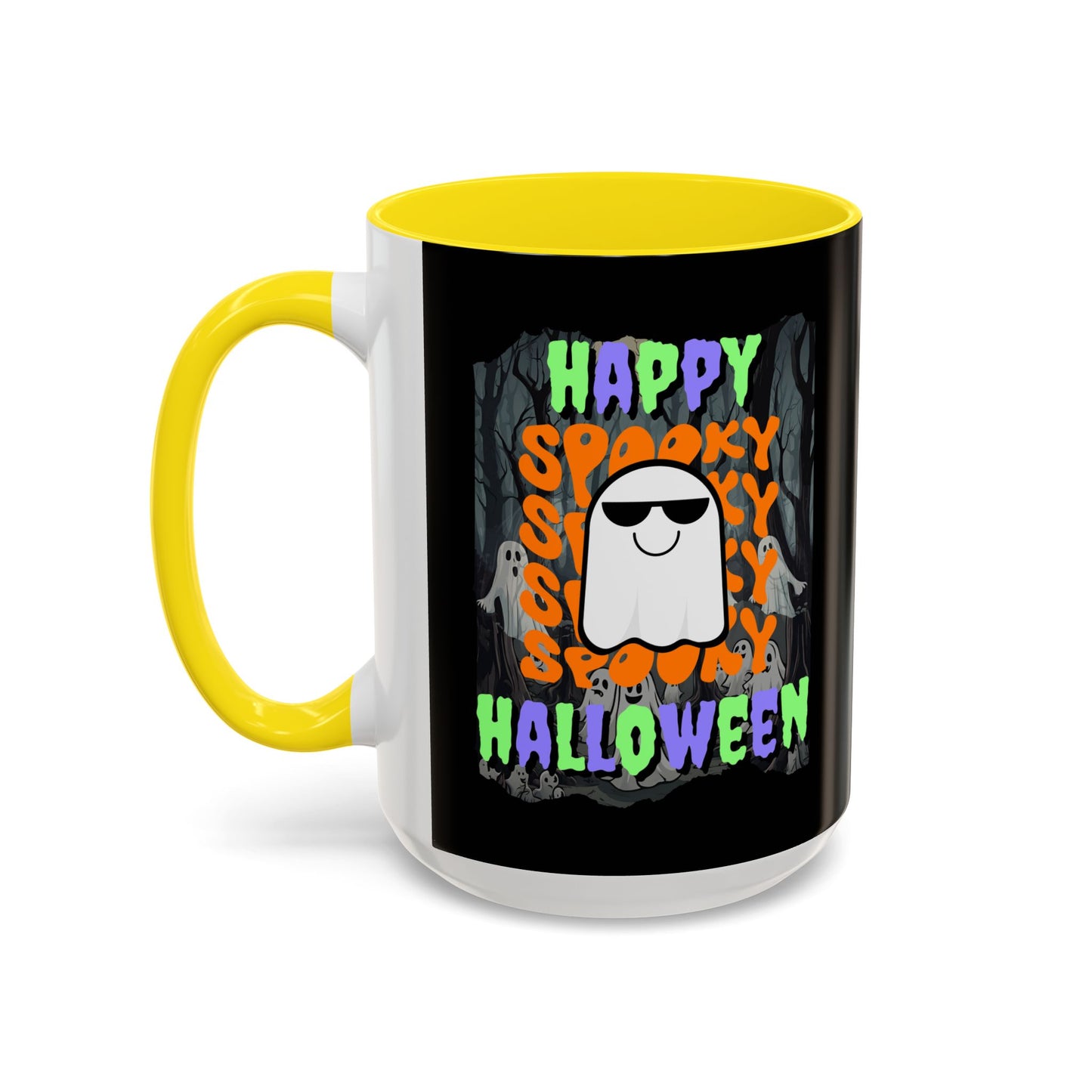Spooky Happy Halloween Ghost Mixed font Black Accent Mug by CreepyCrafts.boo