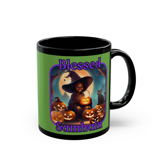 Blessed Samhain Cute Witch Purple font Green Mug by CreepyCrafts.boo