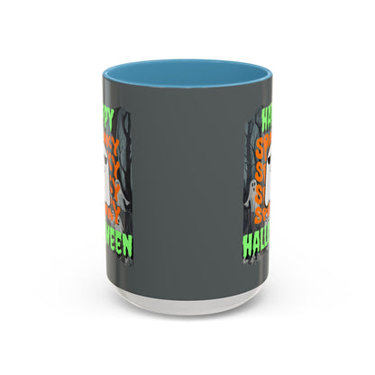 Spooky Happy Halloween Ghost Green font Grey Accent Mug by CreepyCrafts.boo