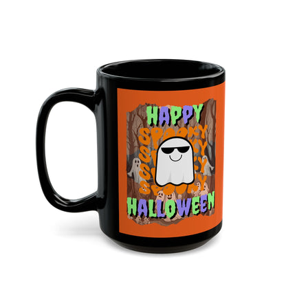 Spooky Happy Halloween Ghost Mixed font Orange Mug by CreepyCrafts.boo