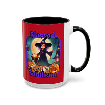Blessed Samhain Little Witch Purple font Red Accent Mug by CreepyCrafts.boo