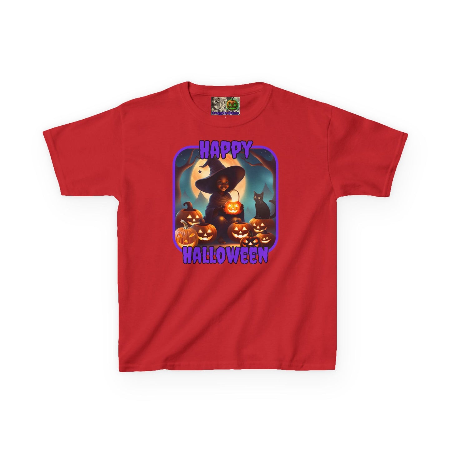 Happy Halloween Cute Witch Purple font Kids Heavy Cotton™ Tee by CreepyCrafts.boo