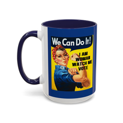 I Am Woman Watch Me Vote Rosie Dark Blue Accent Mug by cypherpunkgear.com