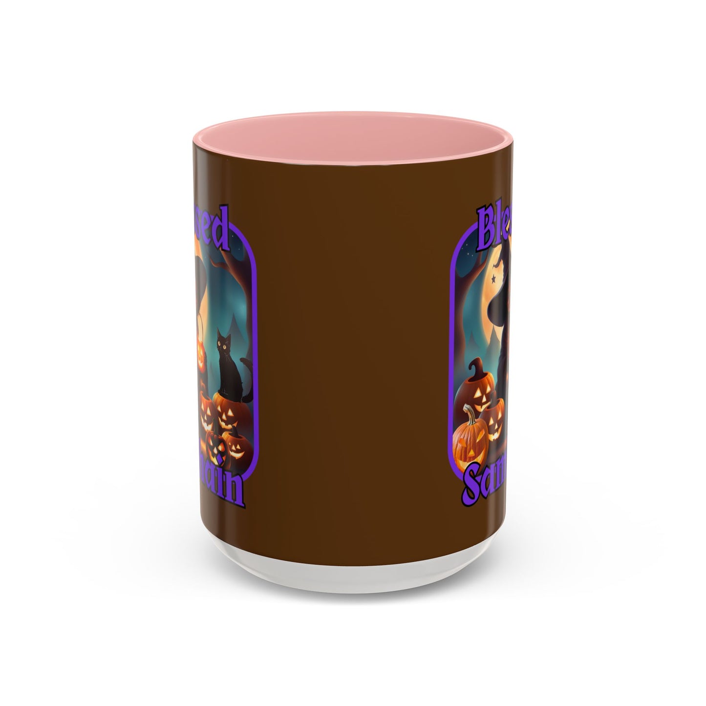 Blessed Samhain Cute Witch Purple font Brown Accent Mug by CreepyCrafts.boo