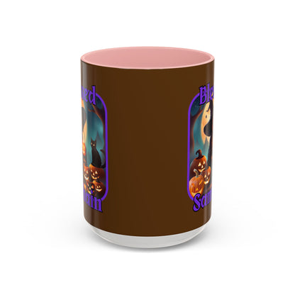 Blessed Samhain Cute Witch Purple font Brown Accent Mug by CreepyCrafts.boo