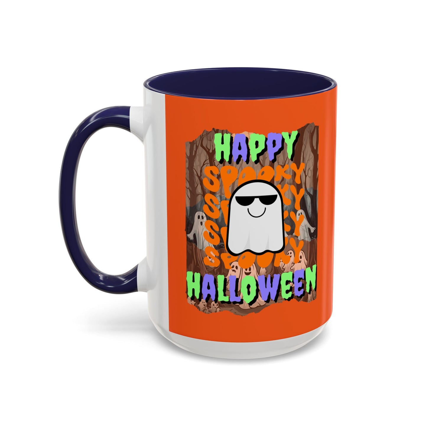 Spooky Happy Halloween Ghost Mixed font Orange Accent Mug by CreepyCrafts.boo