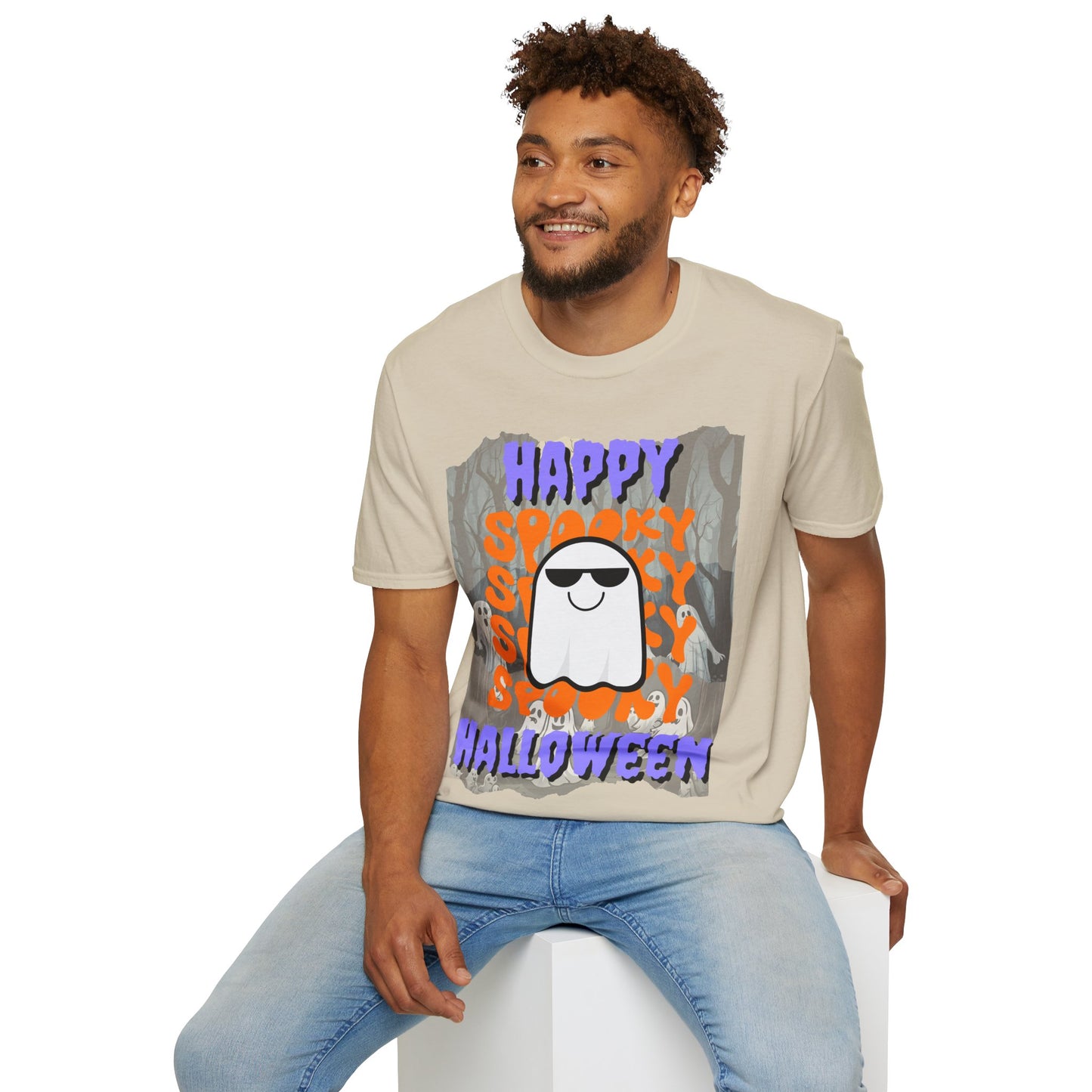 Spooky Happy Halloween Ghost Light colors Purple font Unisex T-Shirt by CreepyCrafts.boo
