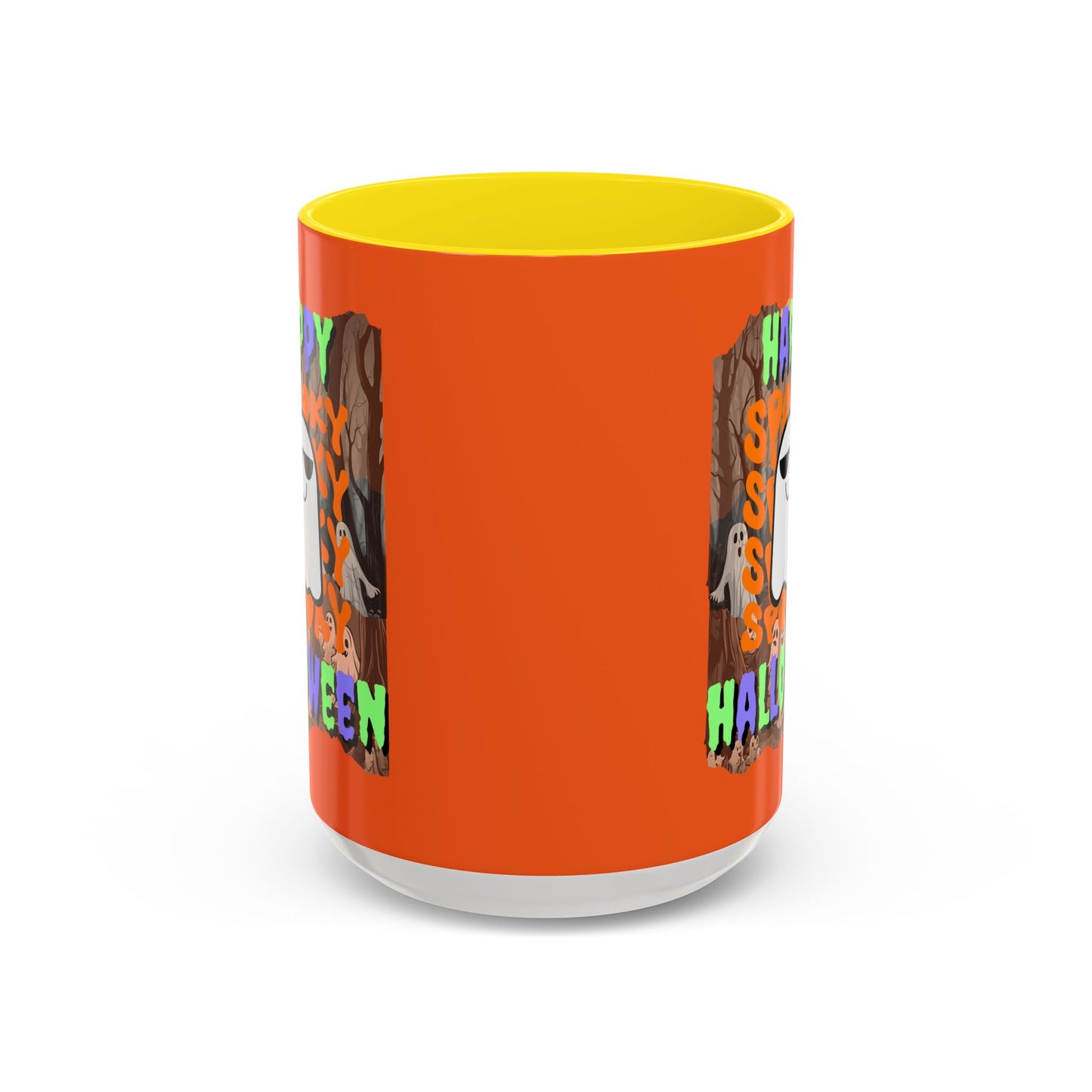 Spooky Happy Halloween Ghost Mixed font Orange Accent Mug by CreepyCrafts.boo