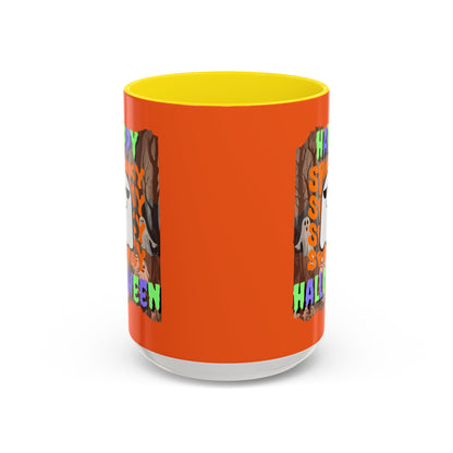 Spooky Happy Halloween Ghost Mixed font Orange Accent Mug by CreepyCrafts.boo