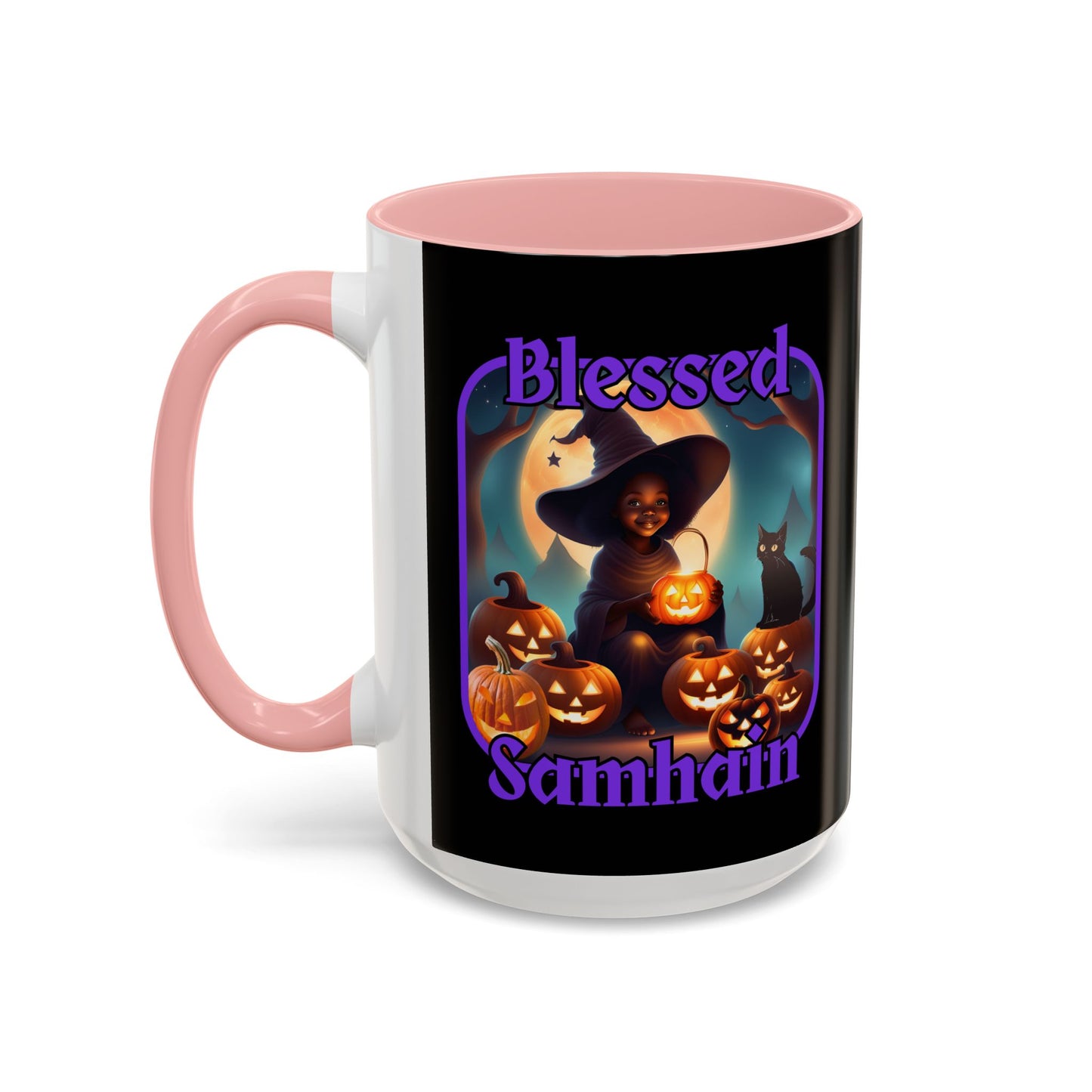Blessed Samhain Cute Witch Purple font Black Accent Mug by CreepyCrafts.boo