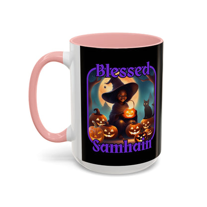 Blessed Samhain Cute Witch Purple font Black Accent Mug by CreepyCrafts.boo