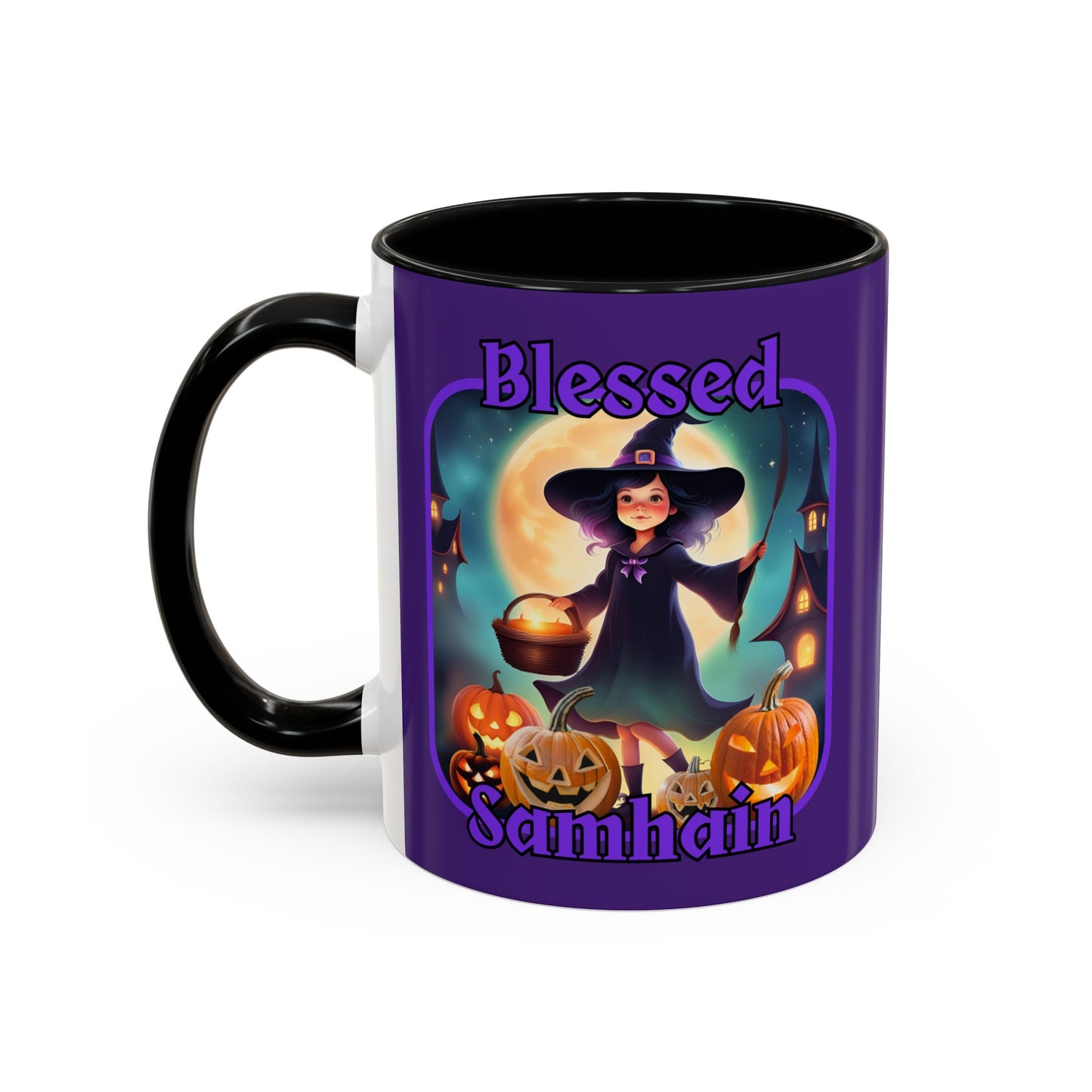 Blessed Samhain Little Witch Purple font Purple Accent Mug by CreepyCrafts.boo