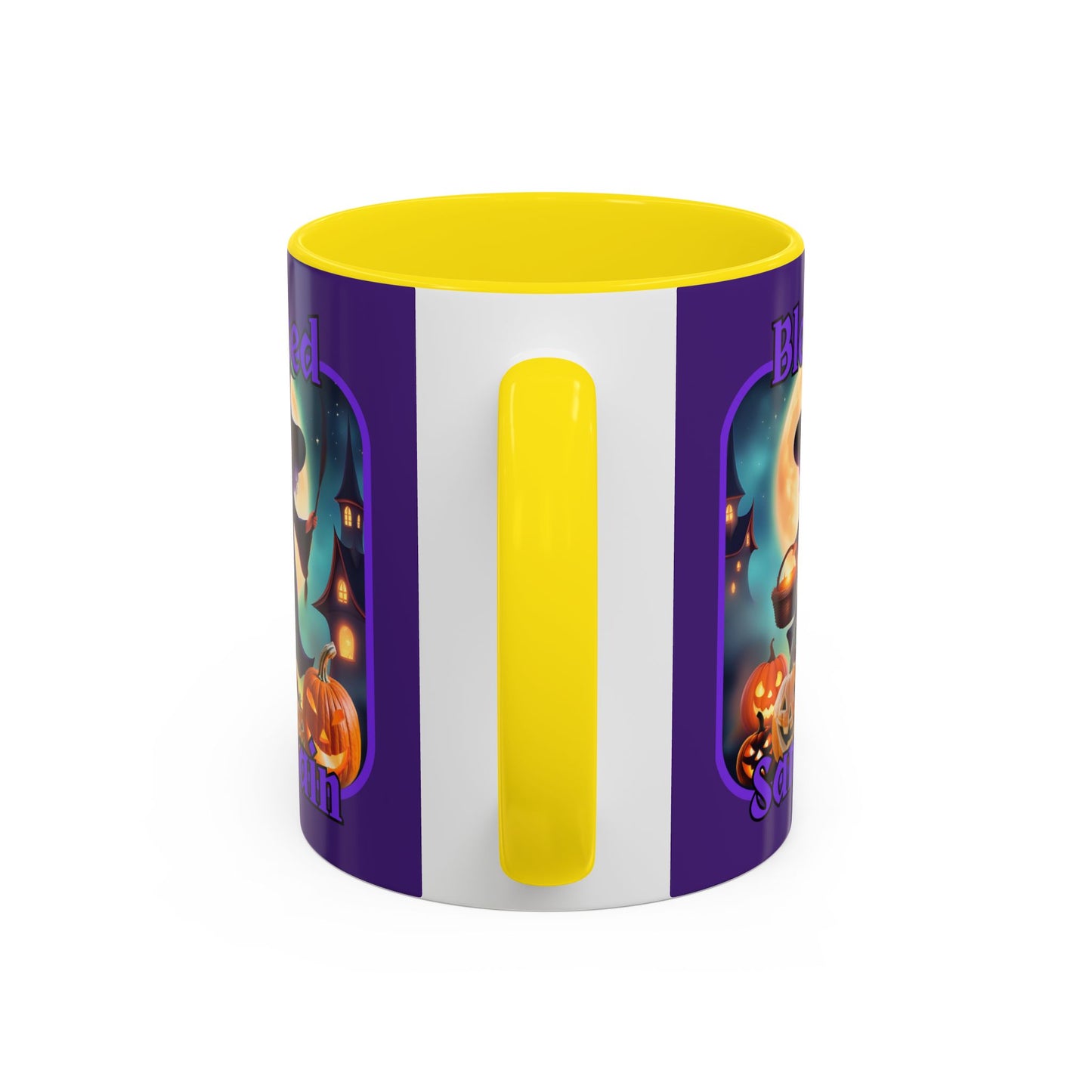 Blessed Samhain Little Witch Purple font Purple Accent Mug by CreepyCrafts.boo