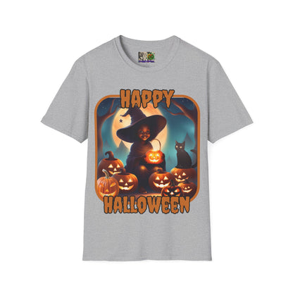 Happy Halloween Cute Witch Orange font, Light colors, Unisex T-Shirt by CreepyCrafts.boo