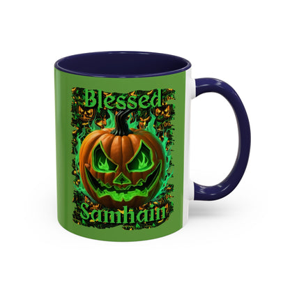 Blessed Samhain Green Jack Green Accent Mug by CreepyCrafts.boo