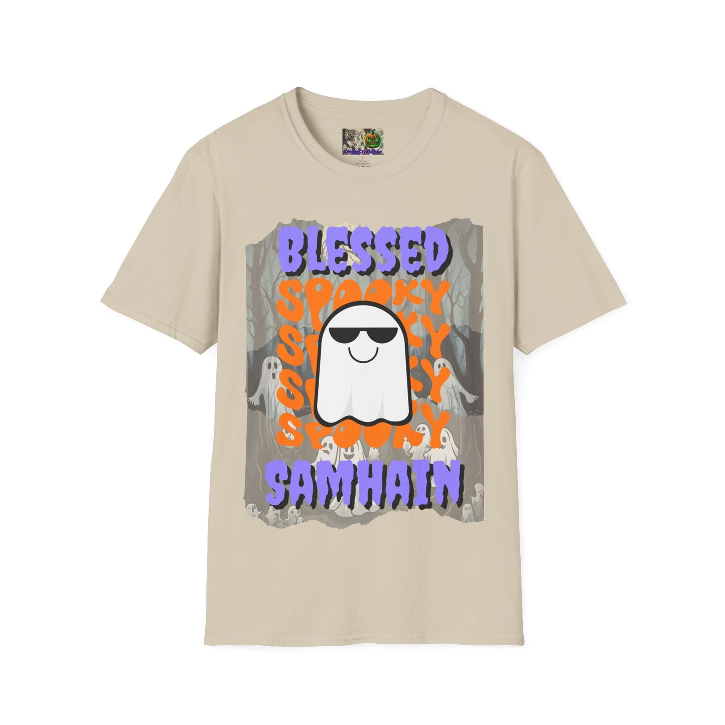 Spooky Blessed Samhain Ghost Purple font Unisex T-Shirt by CreepyCrafts.boo