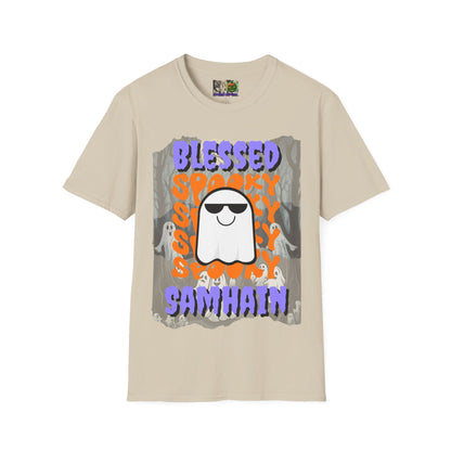Spooky Blessed Samhain Ghost Purple font Unisex T-Shirt by CreepyCrafts.boo