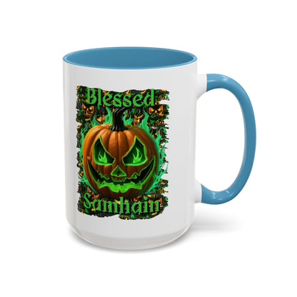 Blessed Samhain Green Jack White Accent Mug by CreepyCrafts.boo
