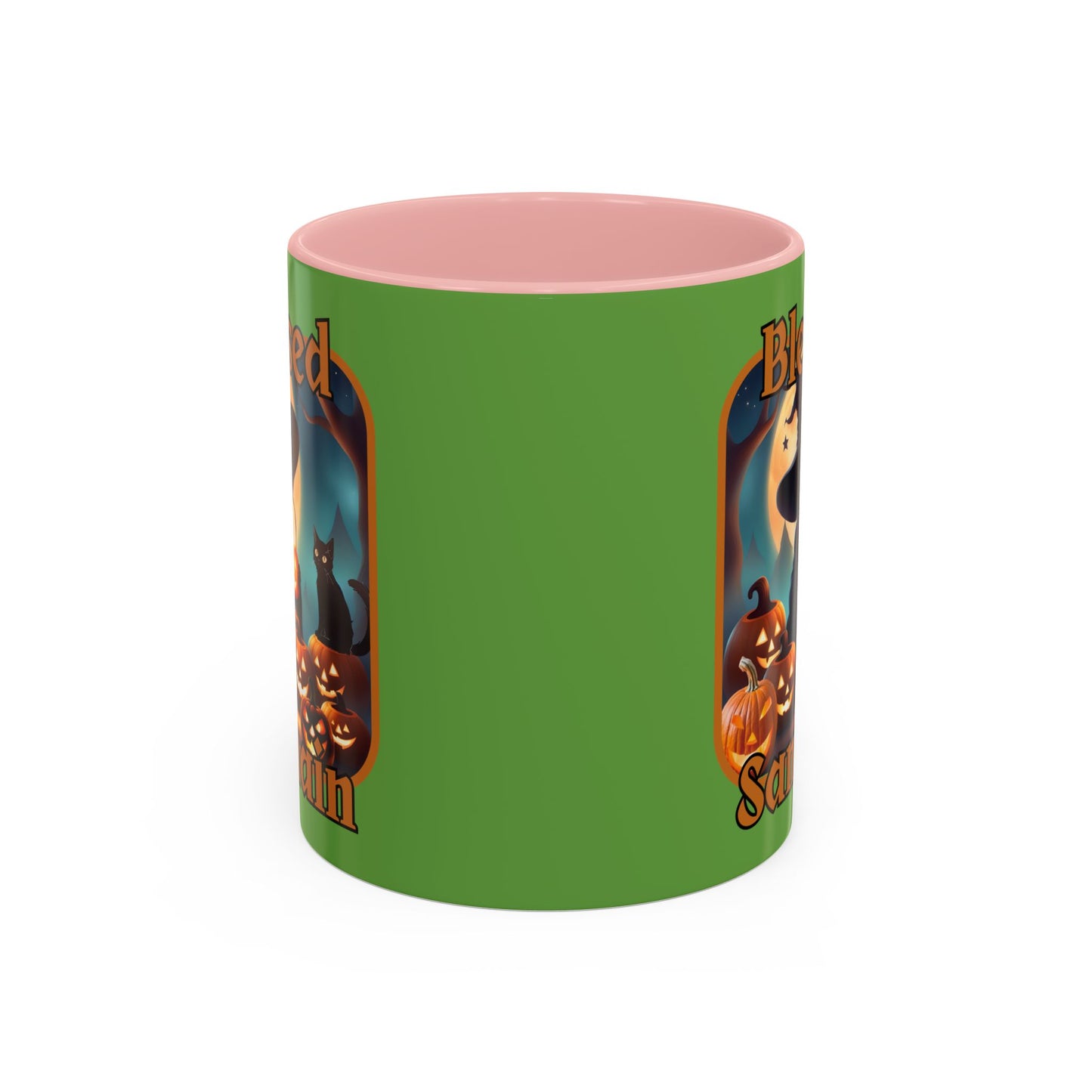 Blessed Samhain Cute Witch Orange font Green Accent Mug by CreepyCrafts.boo