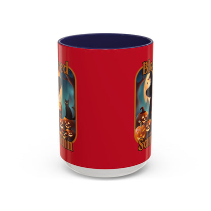 Blessed Samhain Cute Witch Orange font Red Accent Mug by CreepyCrafts.boo