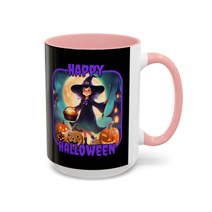 Happy Halloween Little Witch Purple font Black Accent Mug by CreepyCrafts.boo