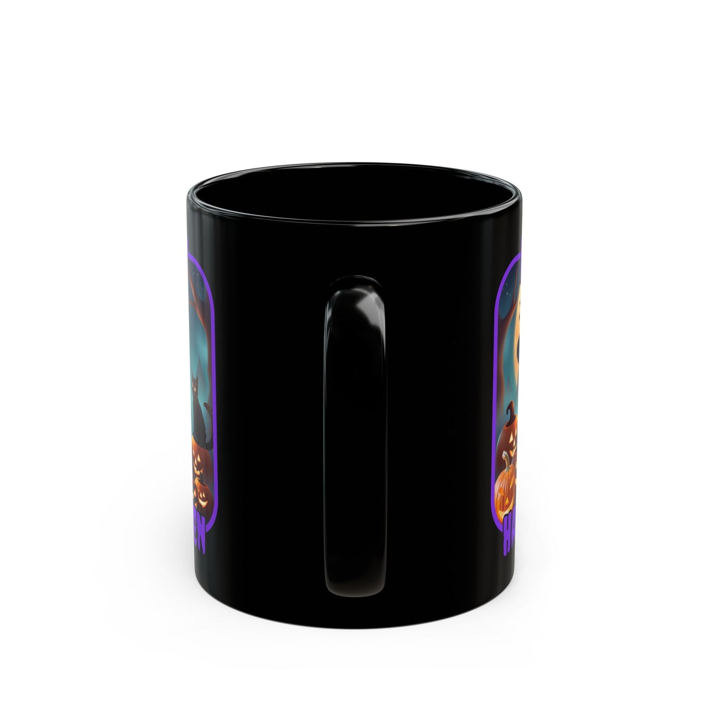 Happy Halloween Cute Witch Purple font Black Mug by CreepyCrafts.boo