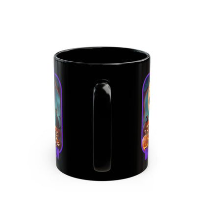 Happy Halloween Cute Witch Purple font Black Mug by CreepyCrafts.boo