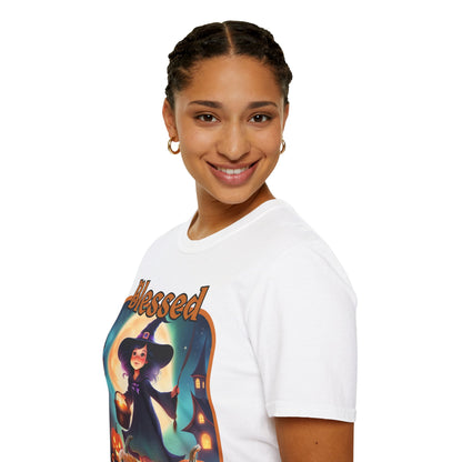 Blessed Samhain Little Witch Orange font Light colors Unisex T-Shirt by CreepyCrafts.boo