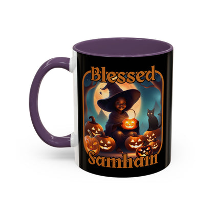 Blessed Samhain Cute Witch Orange font Black Accent Mug by CreepyCrafts.boo