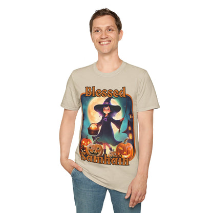 Blessed Samhain Little Witch ORfont LTcolors Unisex T-Shirt by cypherpunkgear