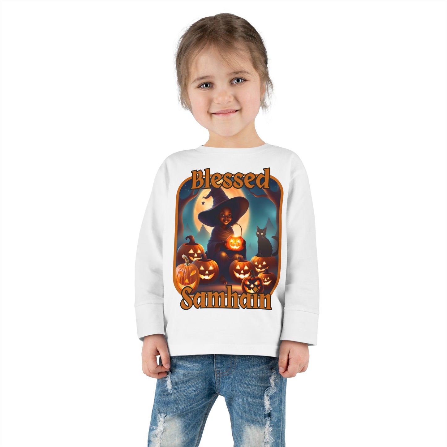 Blessed Samhain Cute Witch Orange font Toddler Long Sleeve Tee by CreepyCrafts.boo