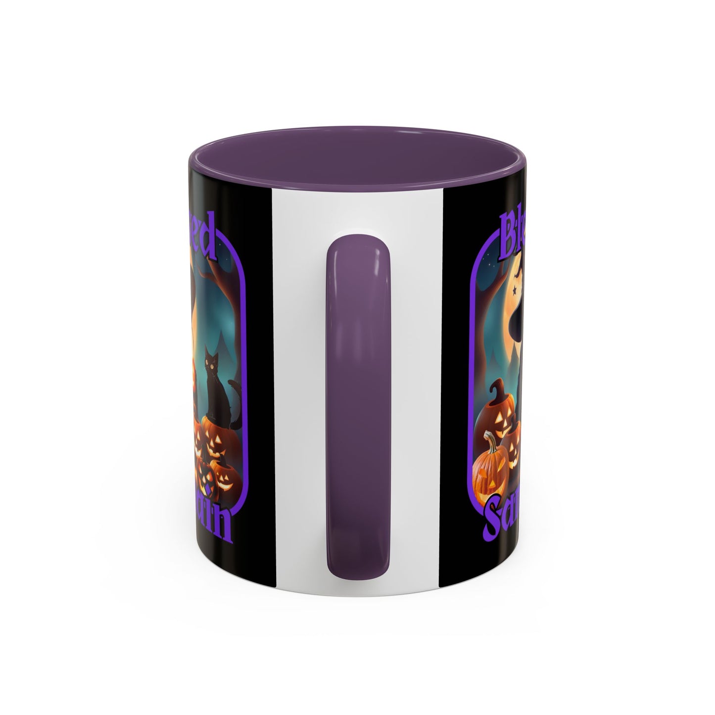 Blessed Samhain Cute Witch Purple font Black Accent Mug by CreepyCrafts.boo