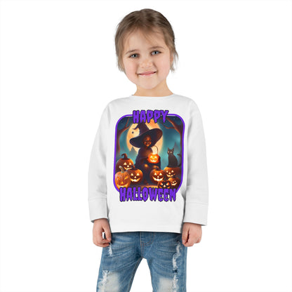 Happy Halloween Cute Witch Purple font Toddler Long Sleeve Tee by CreepyCrafts.boo