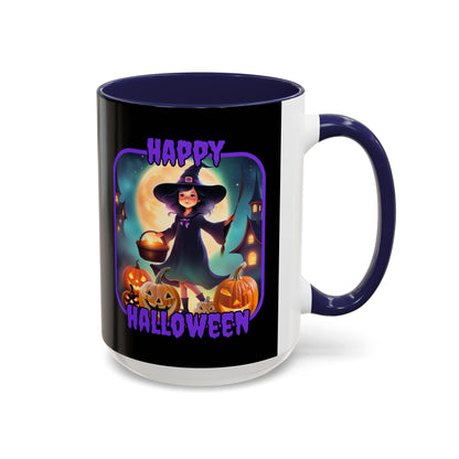 Happy Halloween Little Witch Purple font Black Accent Mug by CreepyCrafts.boo