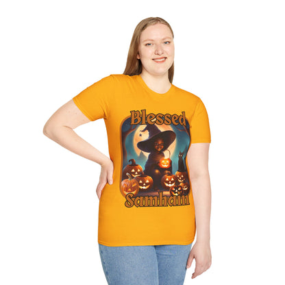 Blessed Samhain Cute Witch Orange font Light colors Unisex T-Shirt by CreepyCrafts.boo