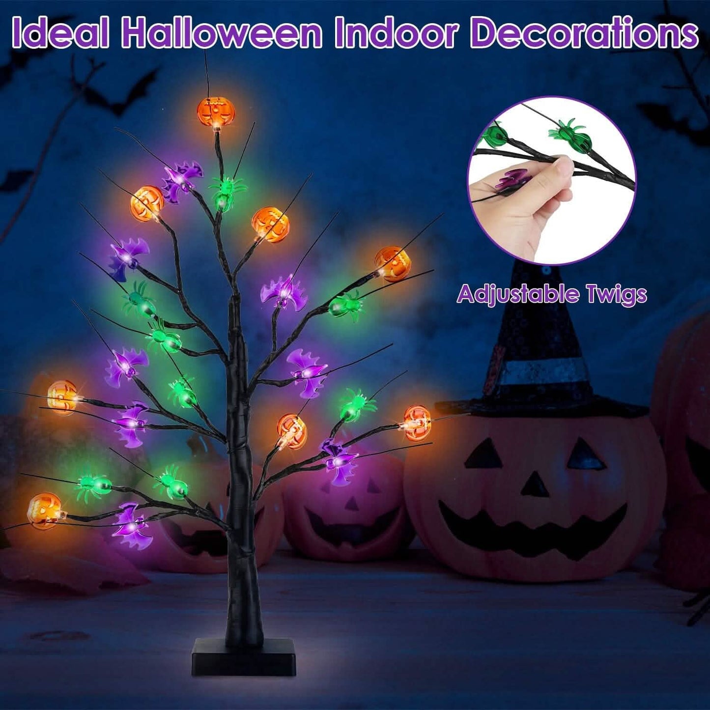 2-Pack: Lighted Halloween Trees with Timer and Adjustable Twigs