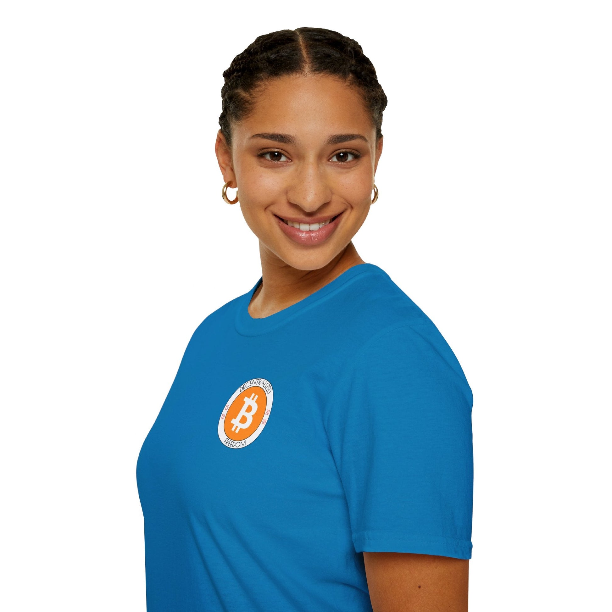 2 - sided Bitcoin (BTC) Decentralized Freedom DKcolors Unisex T-Shirt by cypherpunkgear – cypherpunkgear.com | Cypherpunk Merch
