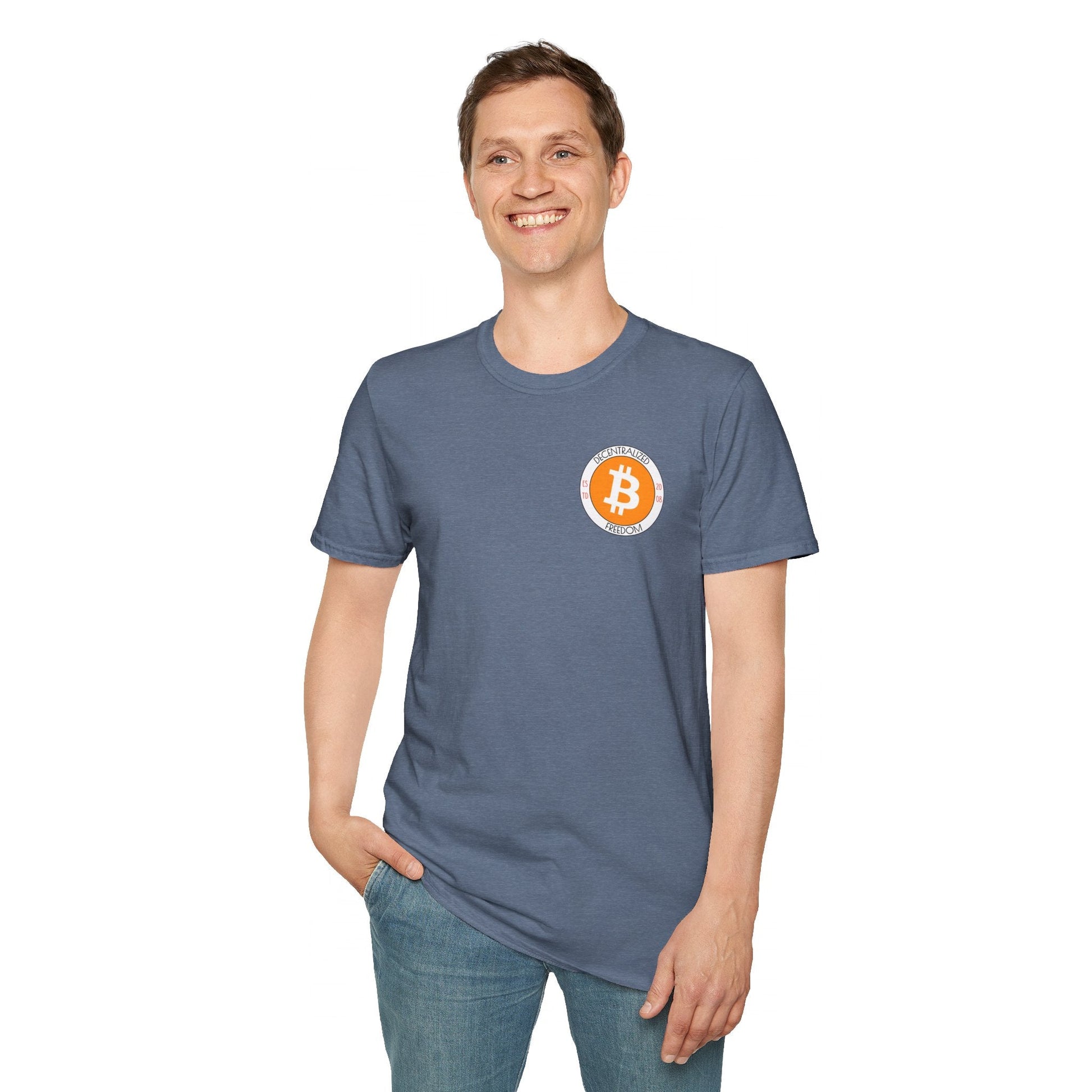 2 - sided Bitcoin (BTC) Decentralized Freedom DKcolors Unisex T-Shirt by cypherpunkgear – cypherpunkgear.com | Cypherpunk Merch