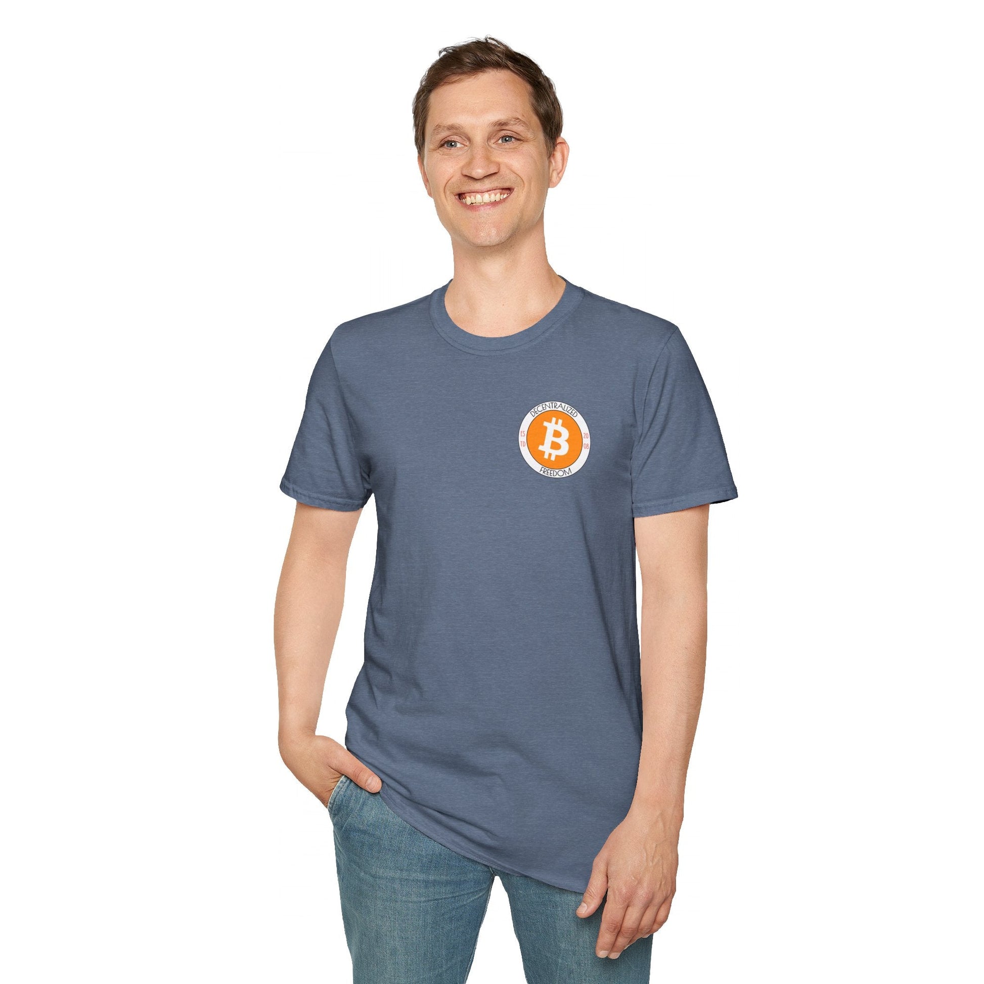 2 - sided Bitcoin (BTC) Decentralized Freedom DKcolors Unisex T-Shirt by cypherpunkgear – cypherpunkgear.com | Cypherpunk Merch