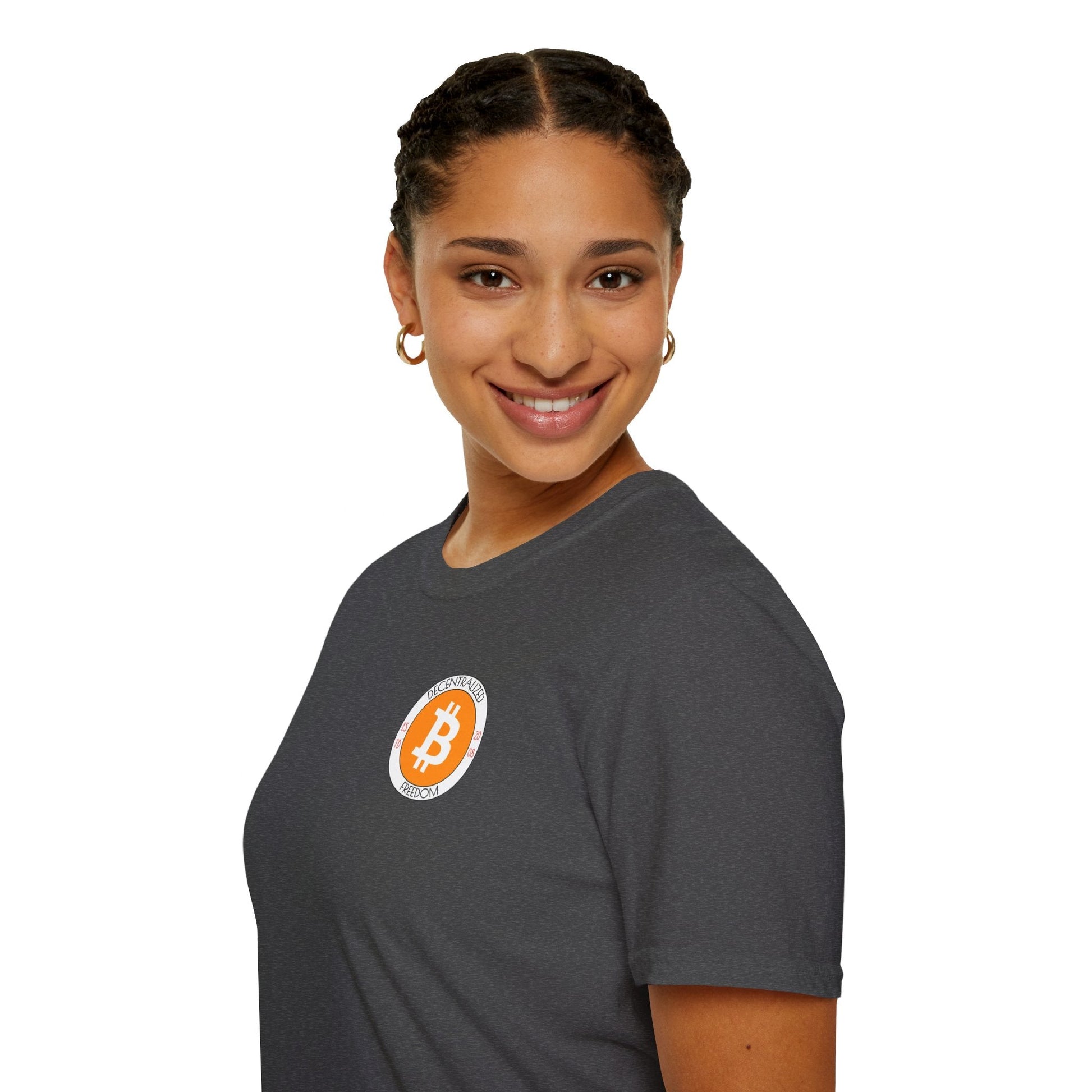 2 - sided Bitcoin (BTC) Decentralized Freedom DKcolors Unisex T-Shirt by cypherpunkgear – cypherpunkgear.com | Cypherpunk Merch