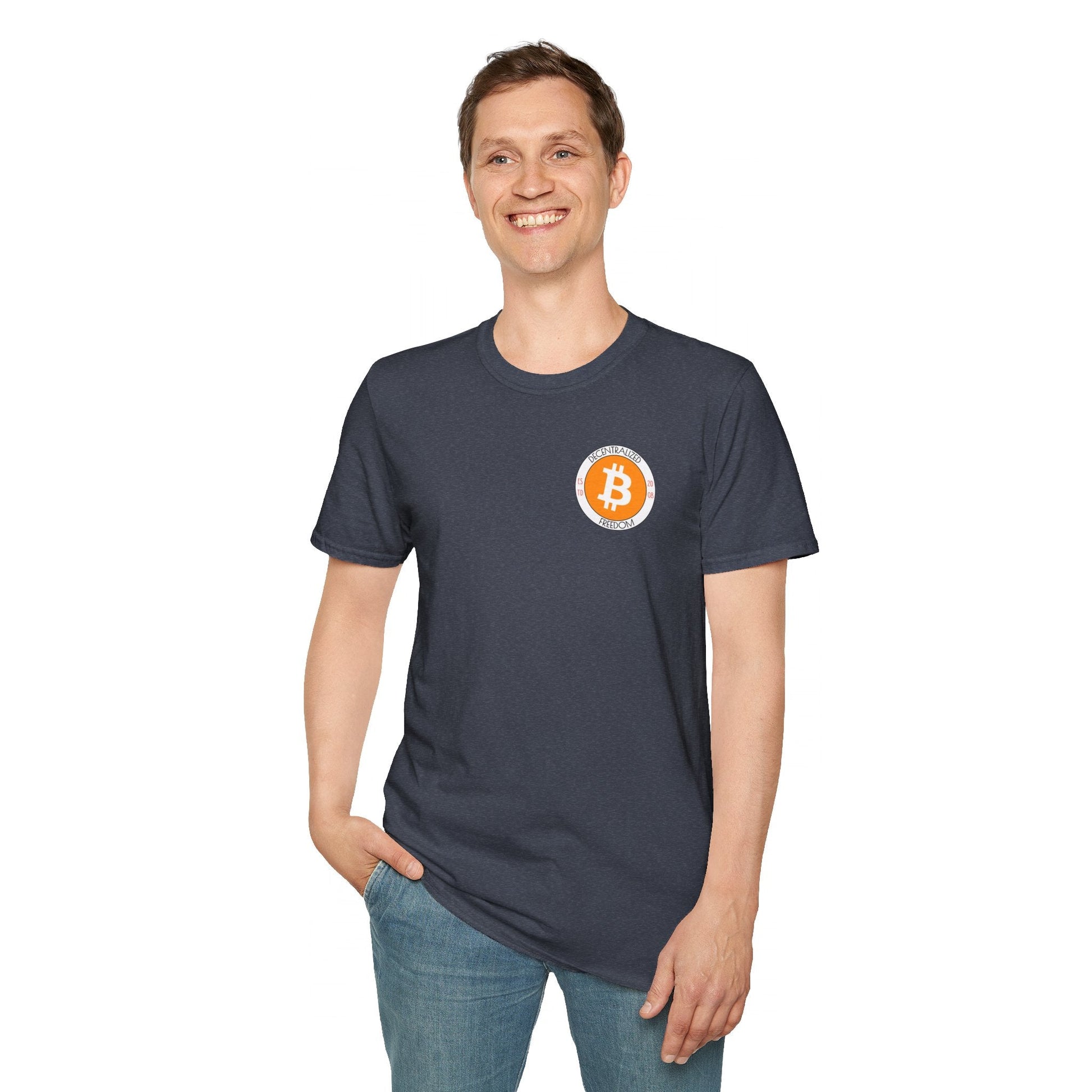 2 - sided Bitcoin (BTC) Decentralized Freedom DKcolors Unisex T-Shirt by cypherpunkgear – cypherpunkgear.com | Cypherpunk Merch