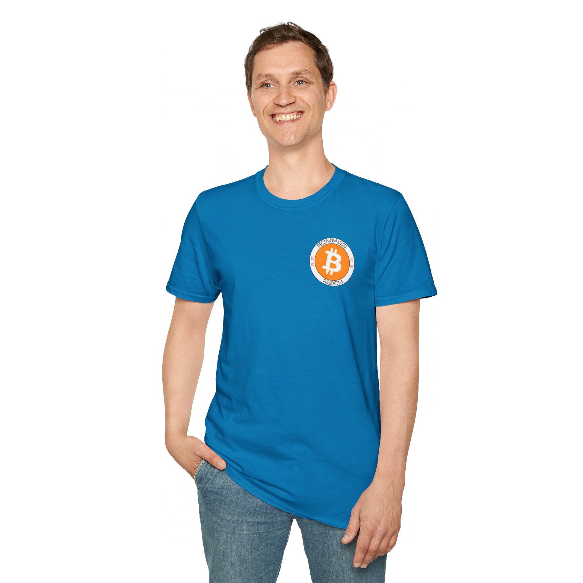 2 - sided Bitcoin (BTC) Decentralized Freedom DKcolors Unisex T-Shirt by cypherpunkgear – cypherpunkgear.com | Cypherpunk Merch