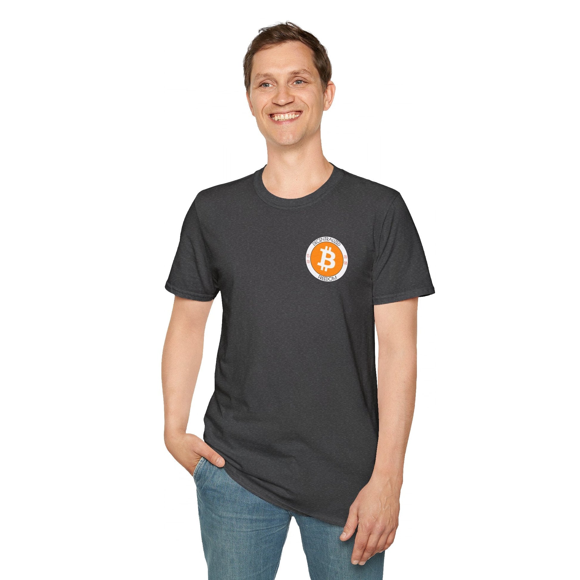 2 - sided Bitcoin (BTC) Decentralized Freedom DKcolors Unisex T-Shirt by cypherpunkgear – cypherpunkgear.com | Cypherpunk Merch